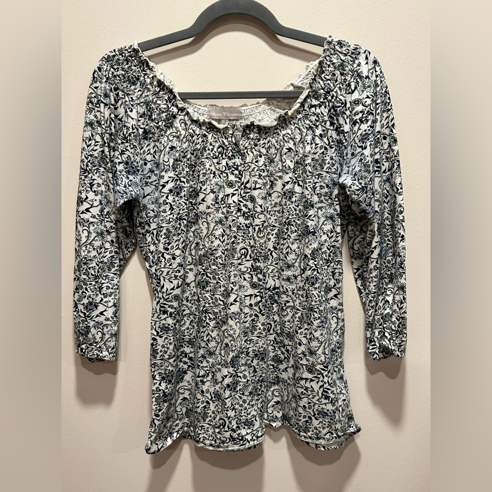 3. Allyson Whitmore Black and White Smocked Fitted Blouse 3/4 Sleeve